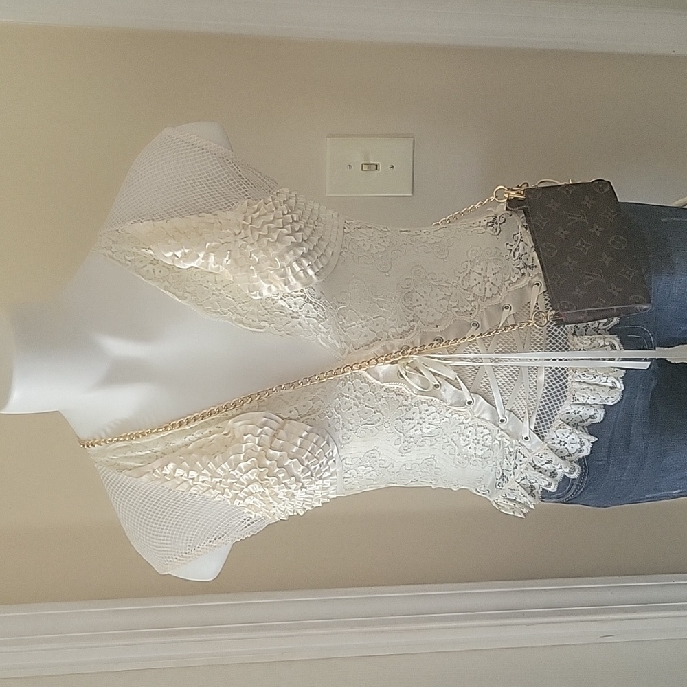 OFF White Lace & Mesh Boho Vintage Top